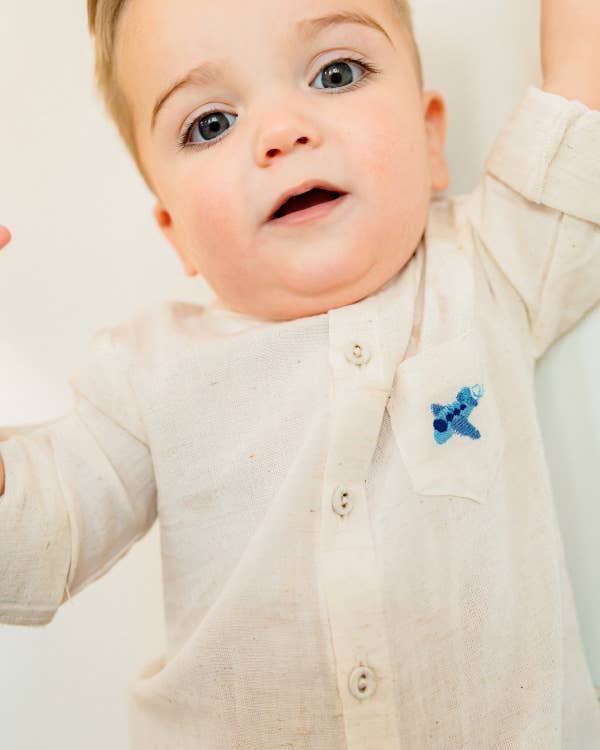 Portofino Baby Shirt & Pants Set (Organic Cotton): Natural / Navy / 6-12M