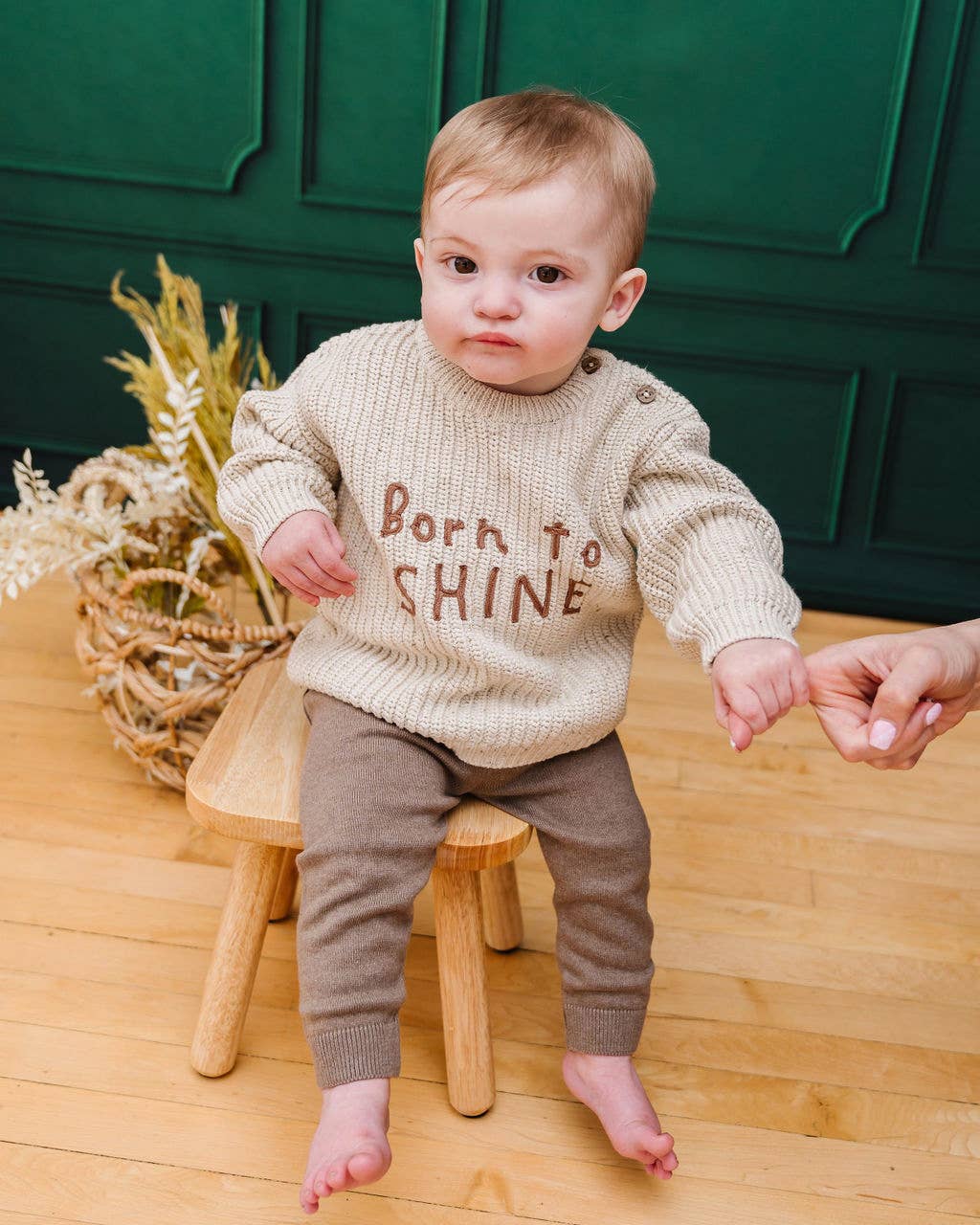 BORN TO SHINE Chunky Knit Slouchy Baby Pullover Sweater: Speckled Linen / 3-6M