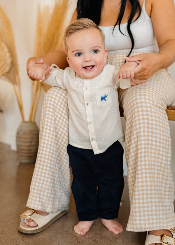 Portofino Baby Shirt & Pants Set (Organic Cotton): Natural / Navy / 2T