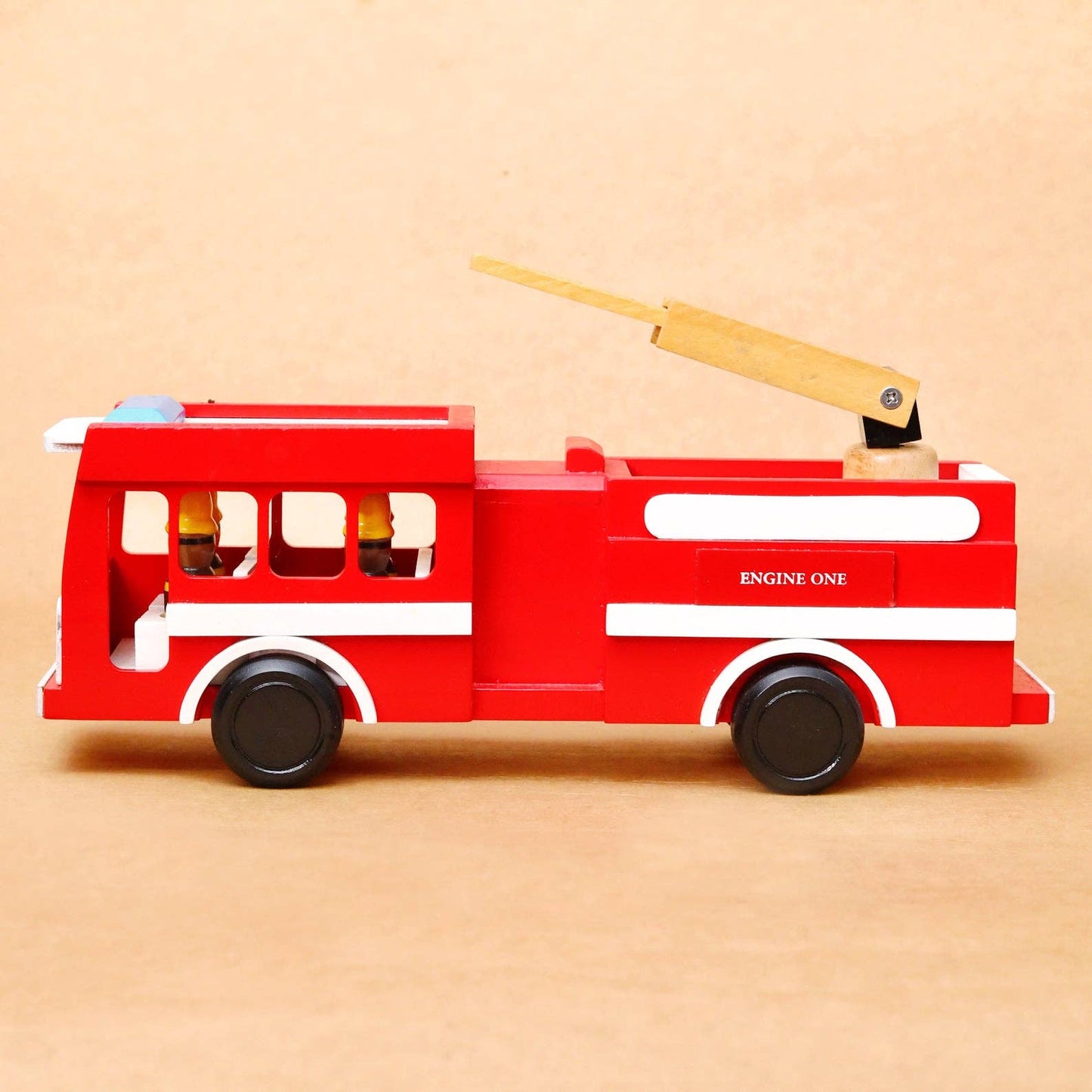Wooden Fire Truck Toy – 15” Ladder Engine with 4 Firefighters