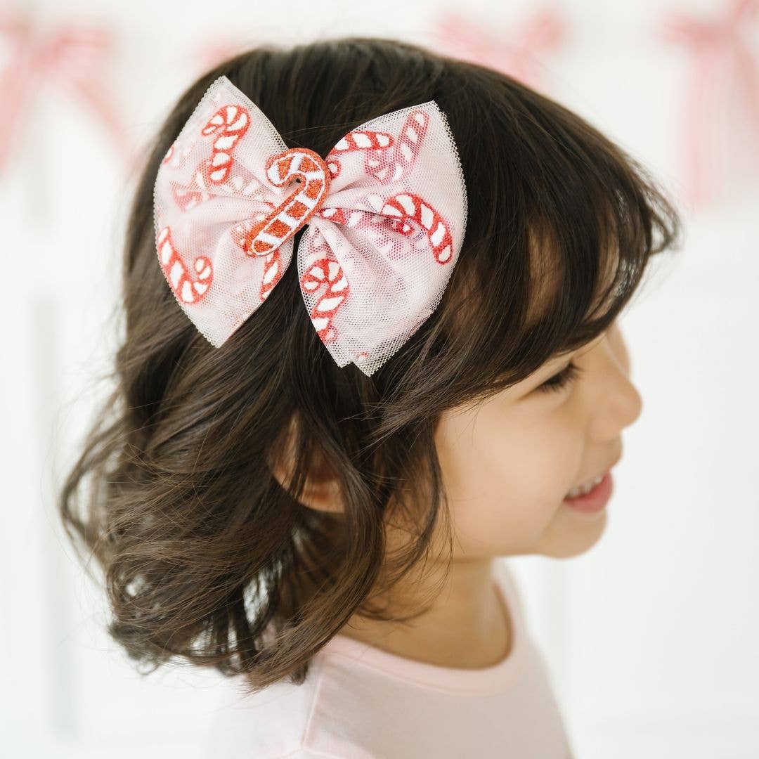 Candy Cane Confetti Christmas Tulle Bow Clip - Hair Bows
