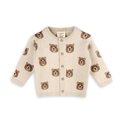 Brown Bear Jacquard Baby Cardigan Sweater (Organic Cotton): Stone