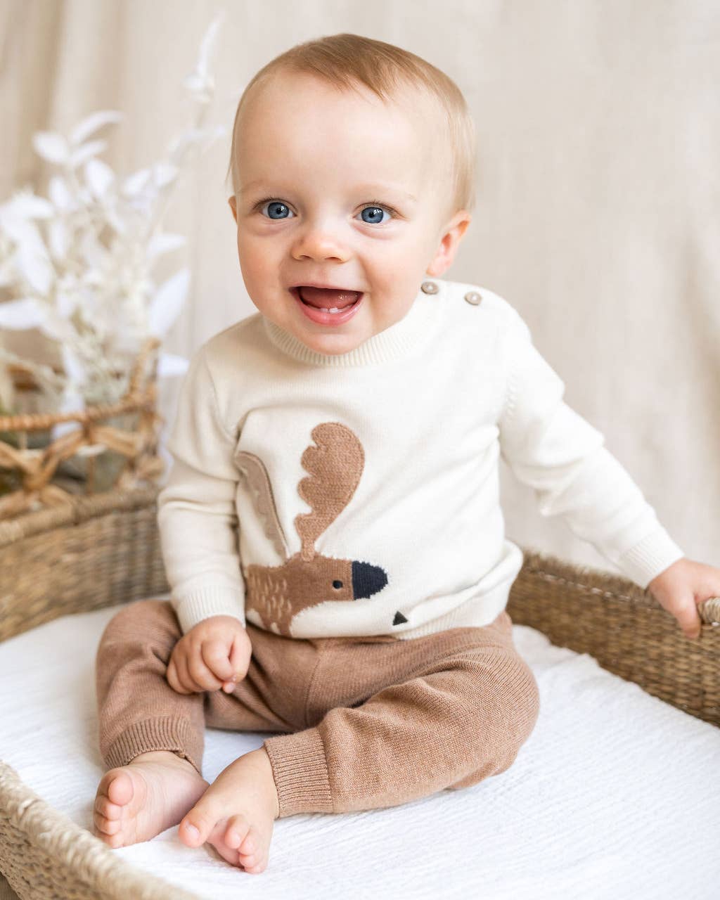 Moose Jacquard Knit Baby Pullover Sweater (Organic Cotton): Natural / 12-18M