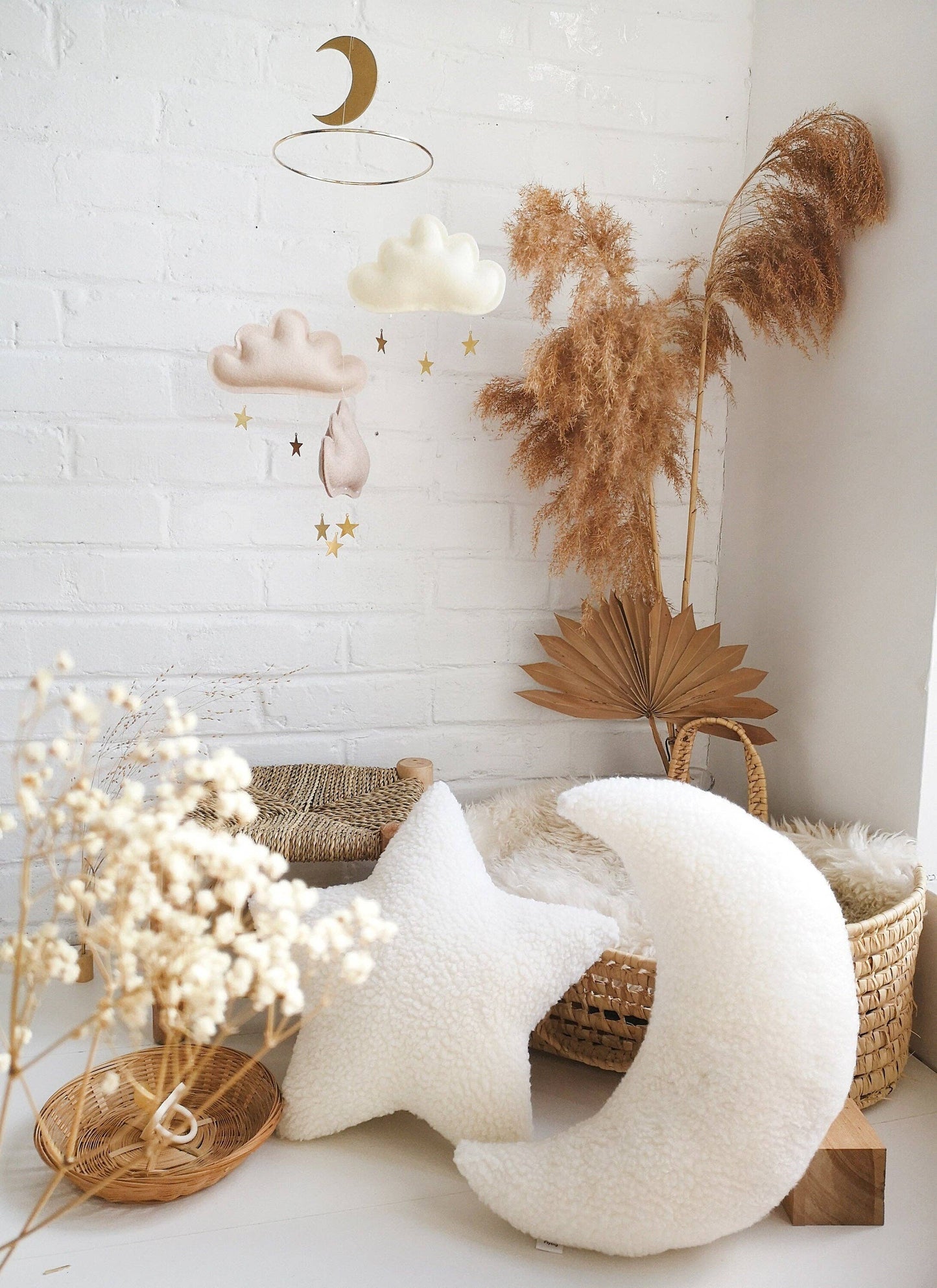 Clouds and stars baby mobile - Ivory, beige, taupe