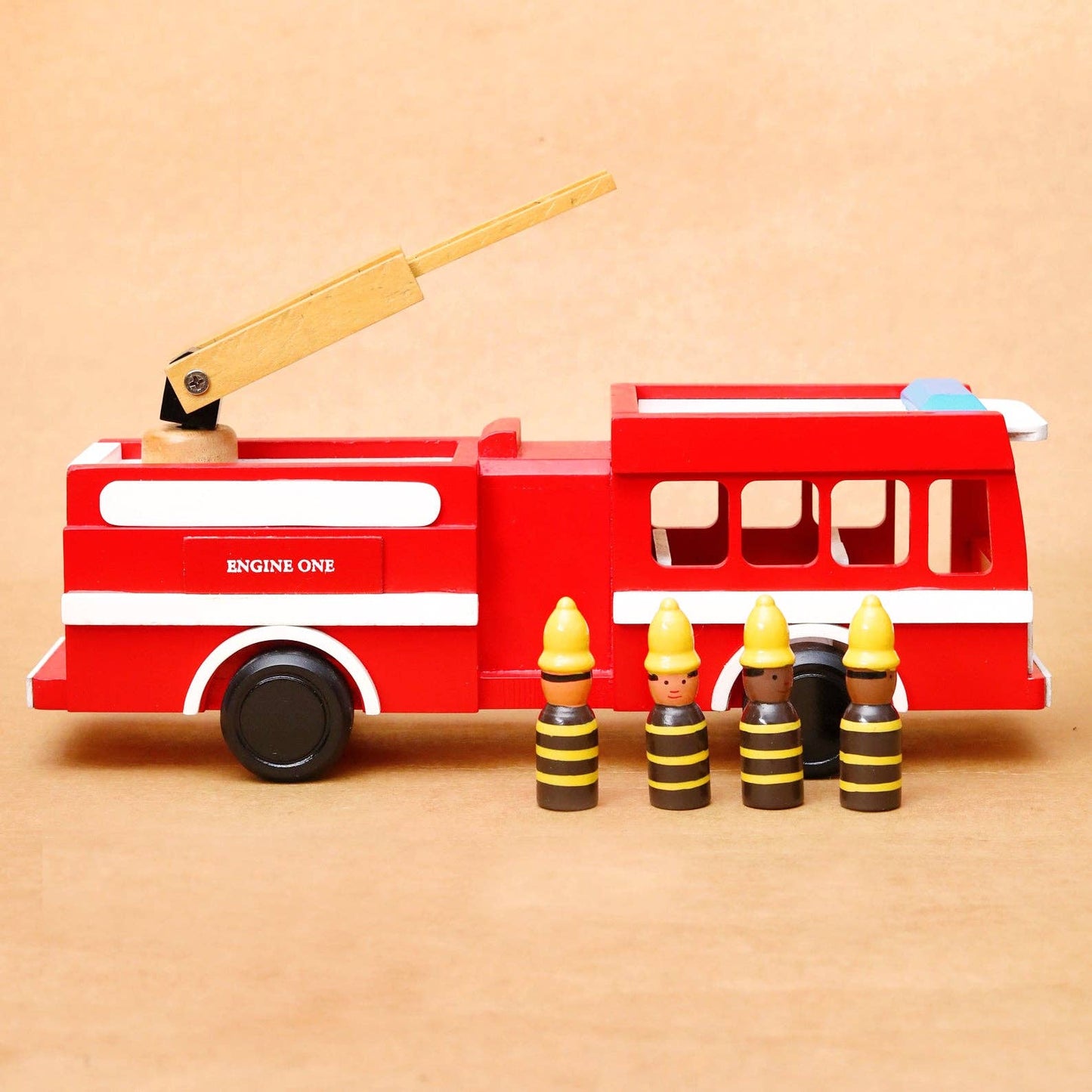 Wooden Fire Truck Toy – 15” Ladder Engine with 4 Firefighters