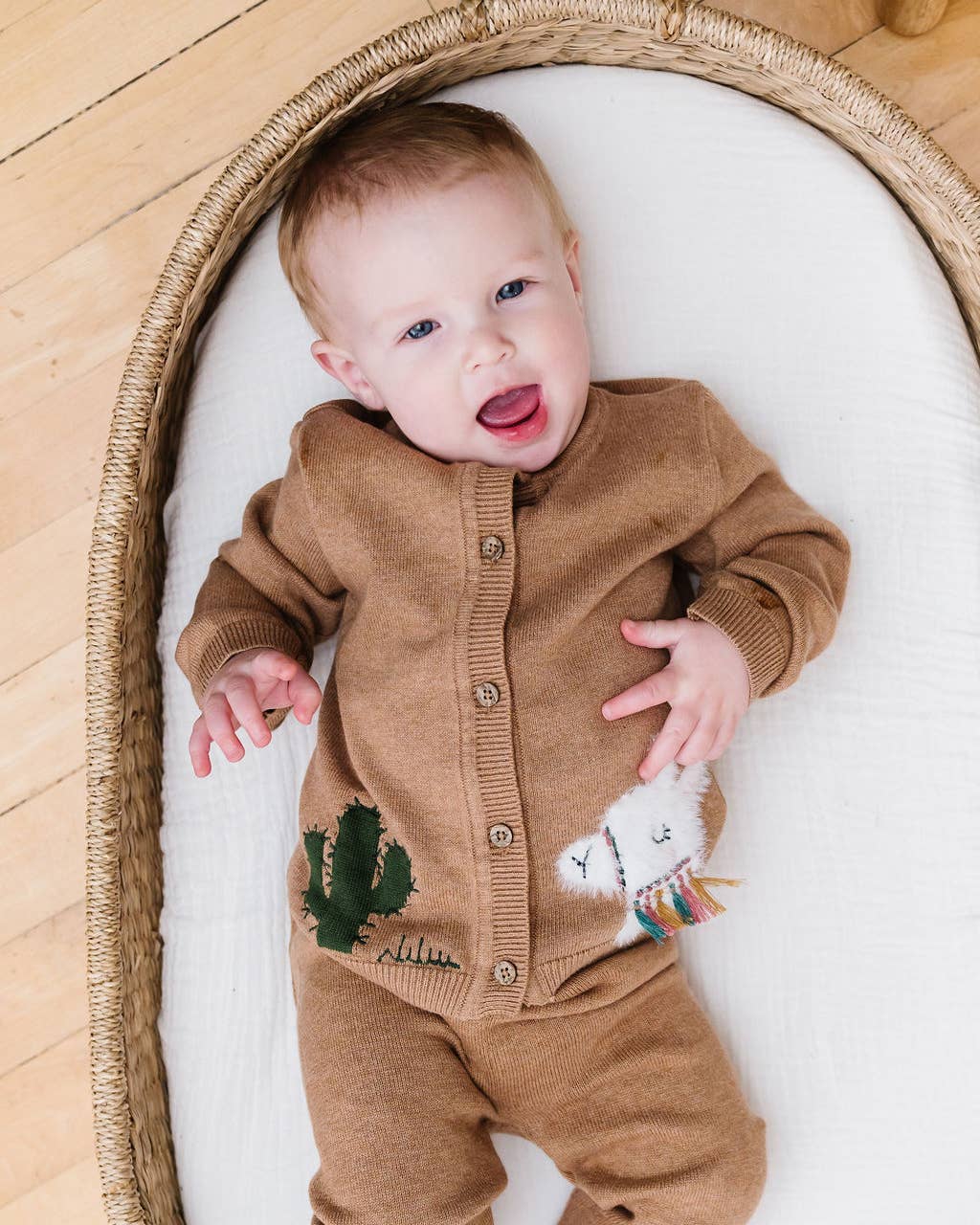 Cactus Llama Applique Baby Button Cardigan Sweater (Organic): Chai Spice / 18-24M