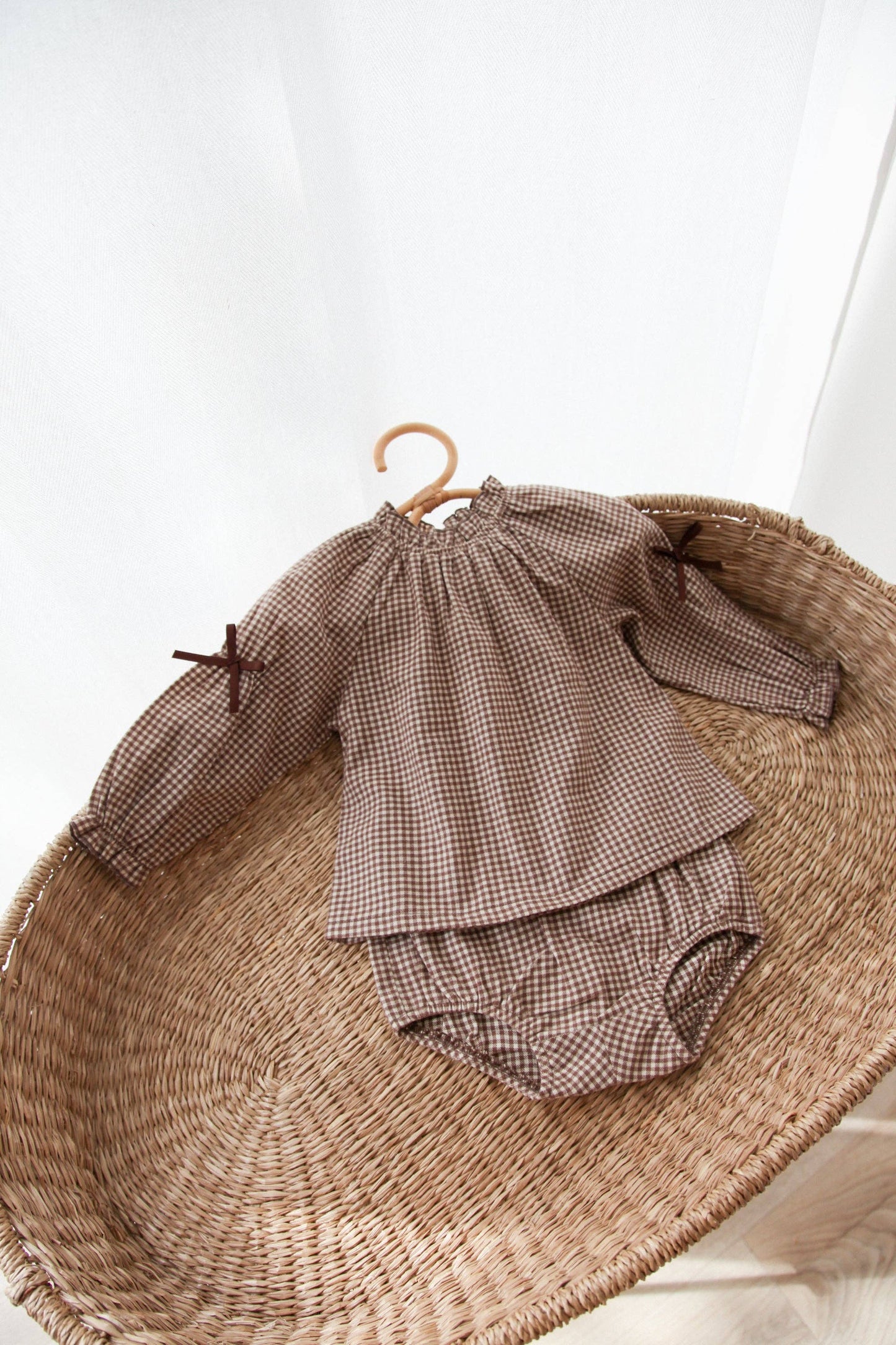 Brown/Gingham Bow Sleeve Blouse & Bloomer Set: 12-18m