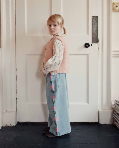 Trousers - Embroidered Tulip Faded Denim