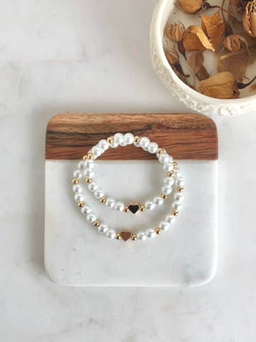 White Pearl and Gold Heart Mommy and Me Bracelet Set