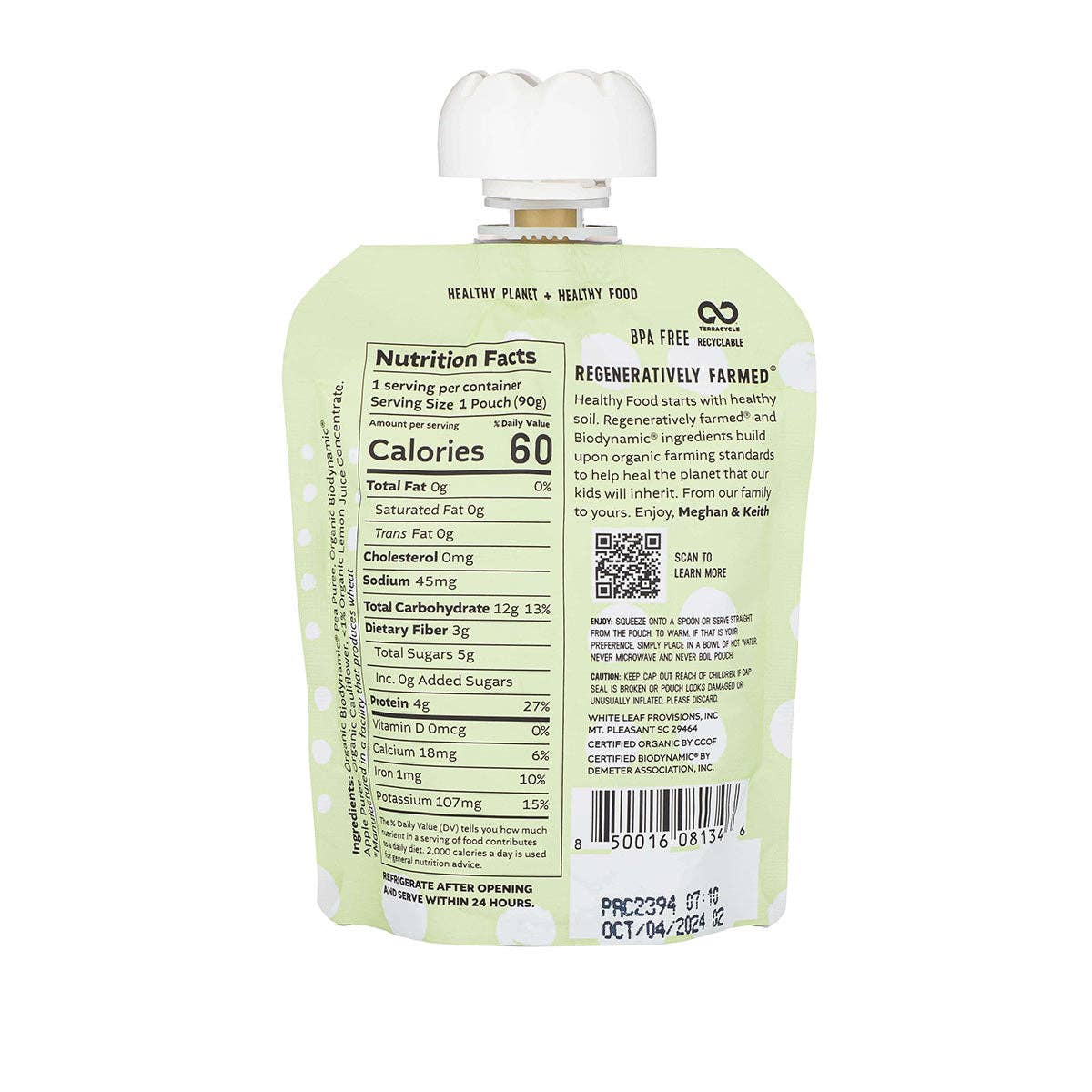 Organic Regenerative Pea + Apple + Cauliflower Puree: 24 (90g) pouches