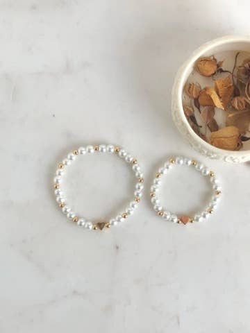 White Pearl and Gold Heart Mommy and Me Bracelet Set