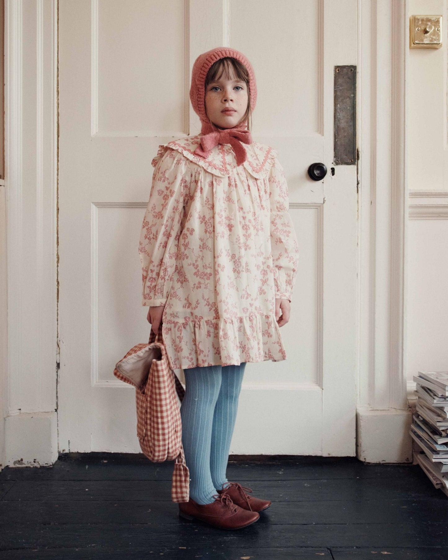 Dress - Ecru & Pink Floral Big Collar