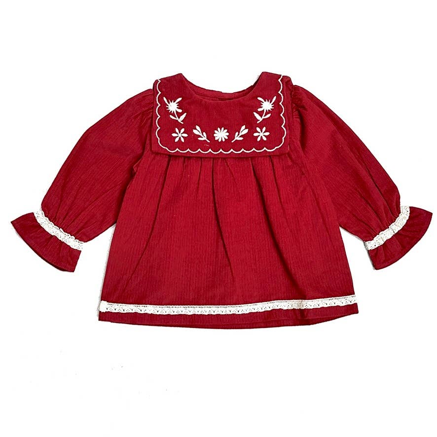 Sailor Collar Embroidered Corduroy Baby Dress (Organic): Pinot Red / 3-4Y