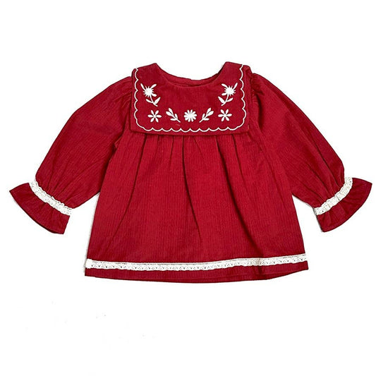 Sailor Collar Embroidered Corduroy Baby Dress (Organic): Pinot Red / 6-12M