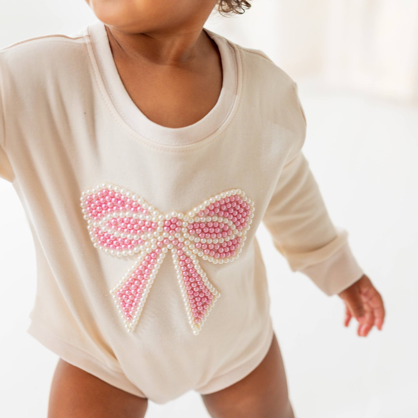 Pearl Bow Patch Long Sleeve Romper - Baby Clothes: 12-18M