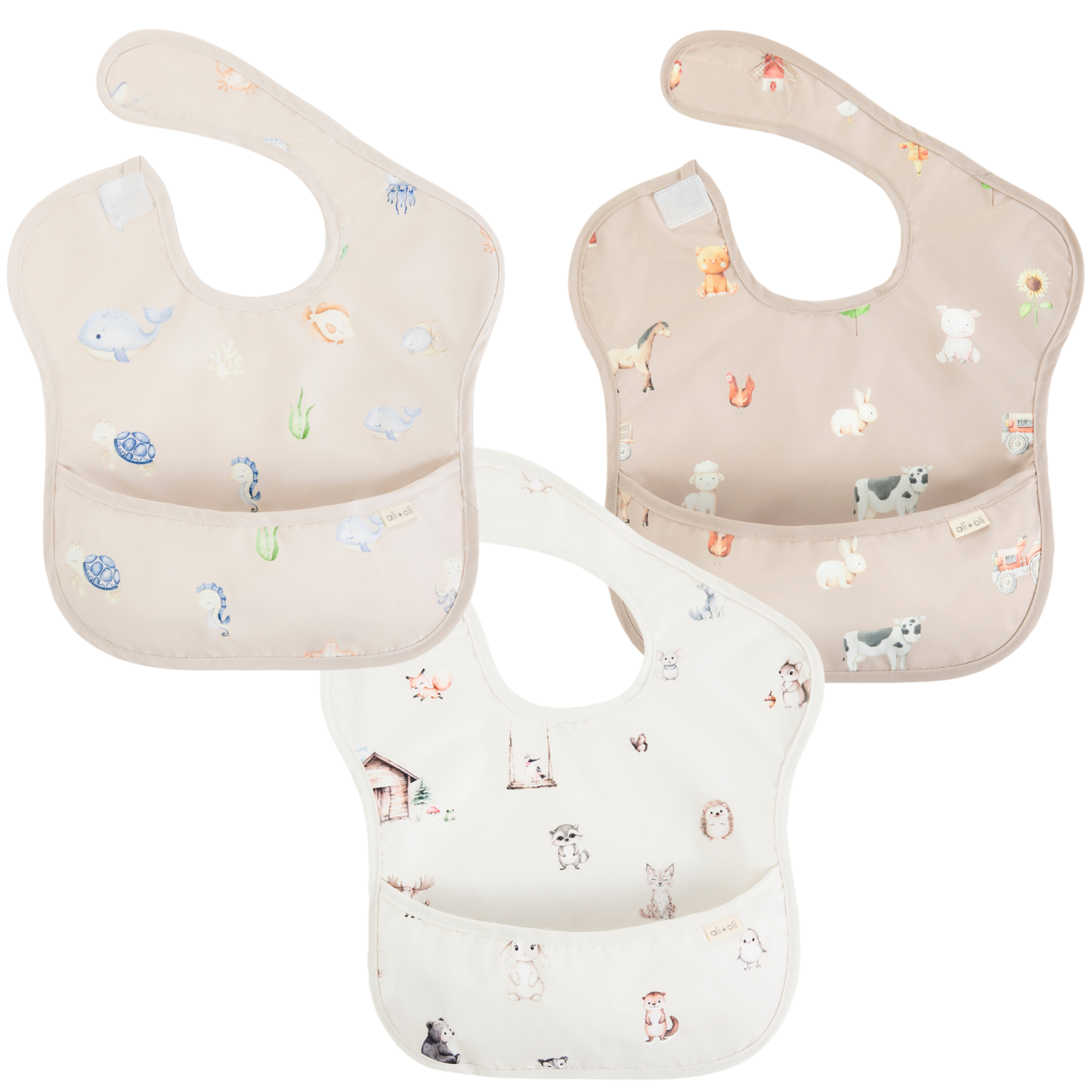 Sleeveless (3-pc) Smock Bib Set for Baby & Toddler (Animals)