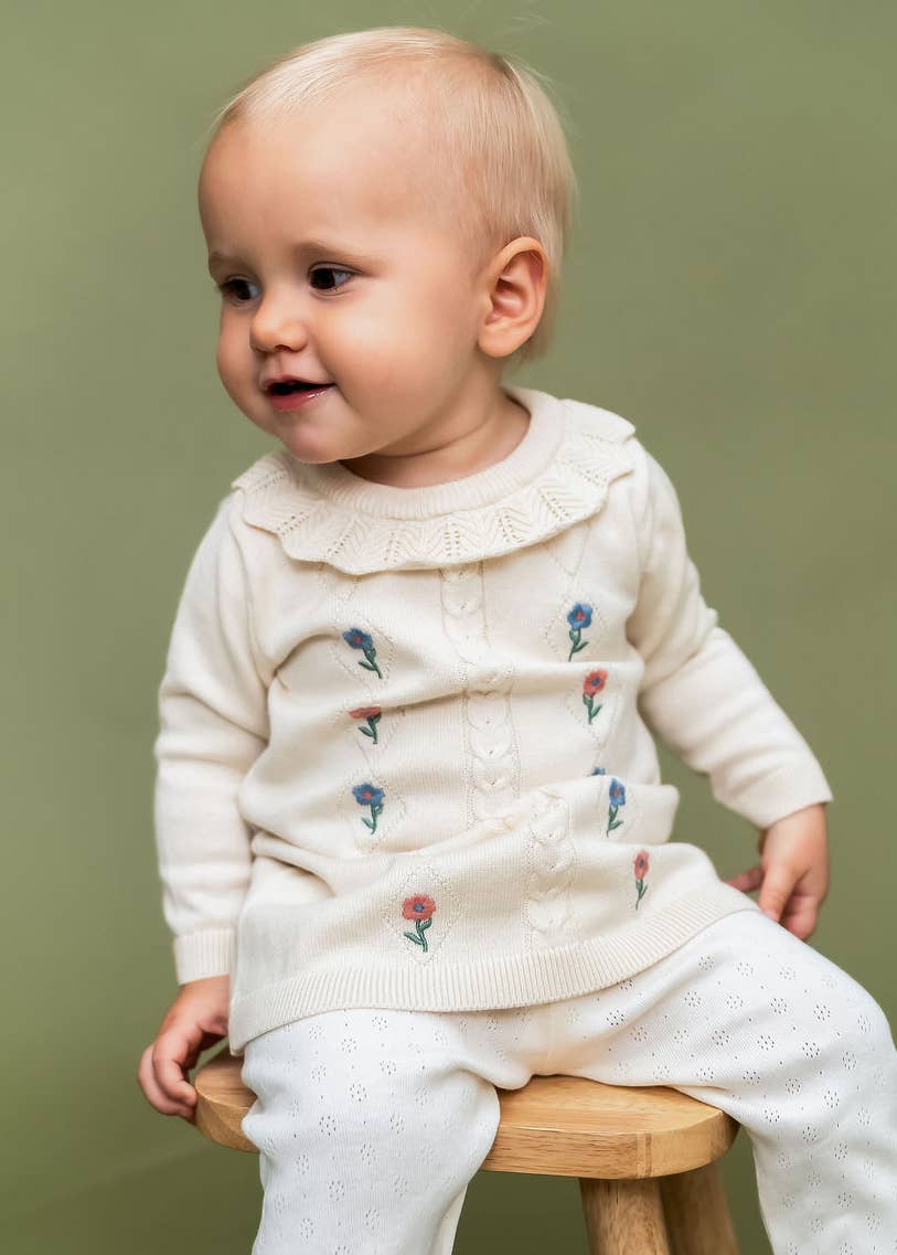 Emma Floral Embroidered Knit Baby Ruffle Dress (Organic): Natural / 12-18M