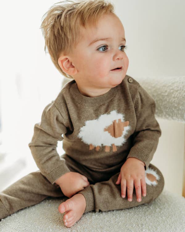 Sheep Jacquard Knit Baby Pullover & Pant SET Organic Cotton: Cocoa Heather / 3-6M