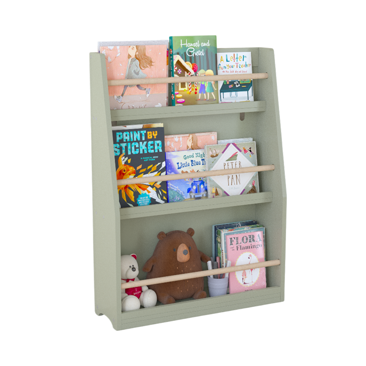 Kids Sloth Bookshelf, Book Rack, Table Chair Set, Sage Green