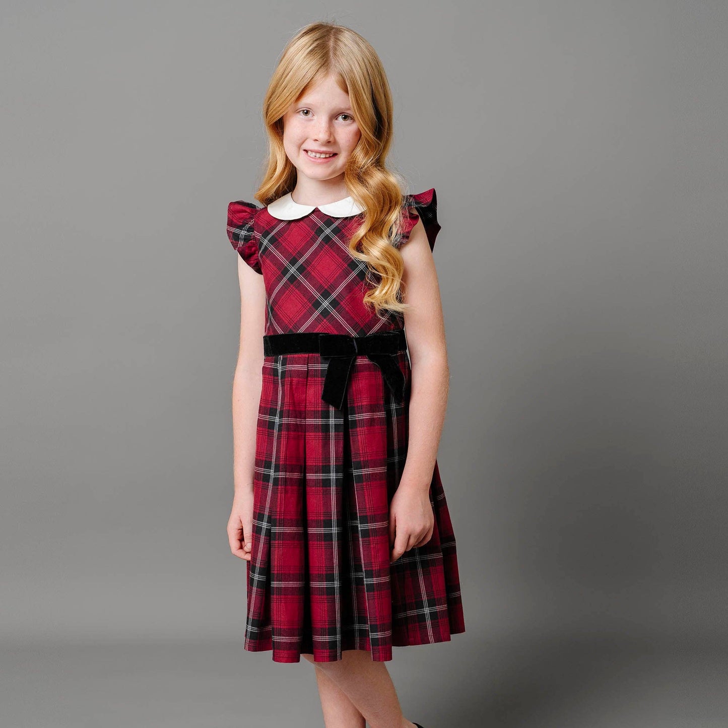 Organic Peter Pan Collar Party Dress: Oxblood City Plaid / 2T