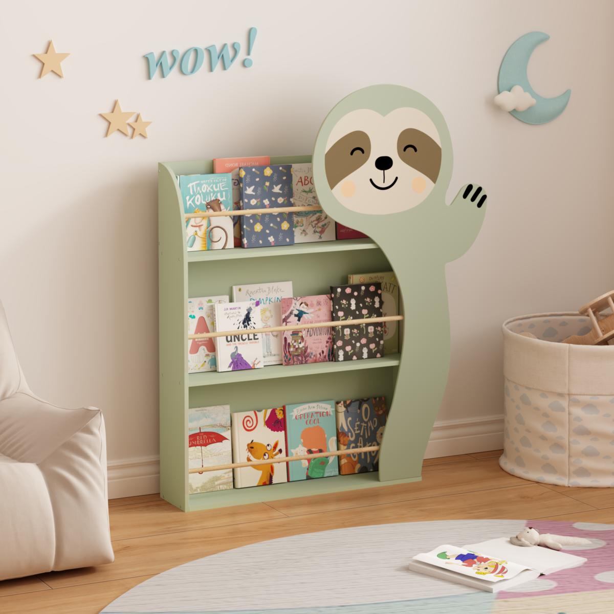 Kids Sloth Bookshelf, Book Rack, Table Chair Set, Sage Green