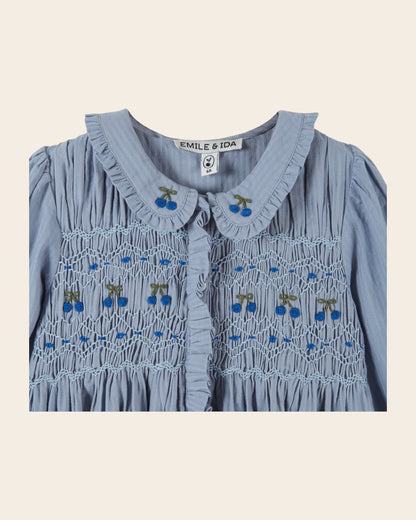 Blouse - Smocked Blue Cherries