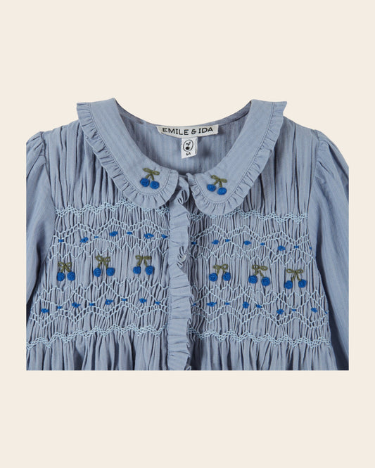 Blouse - Smocked Blue Cherries