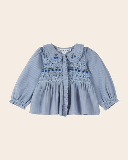 Blouse - Smocked Blue Cherries