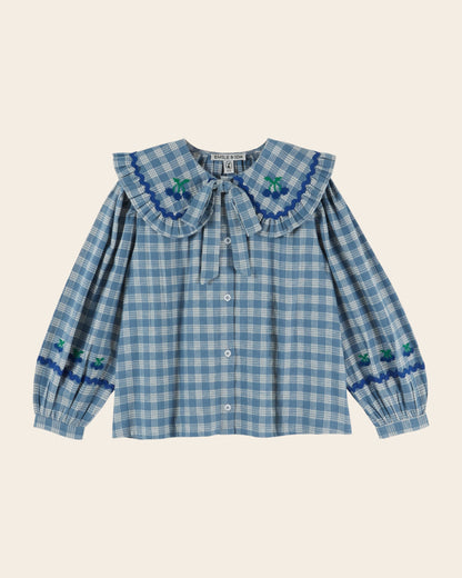 Blouse - Blue Check Big Collar