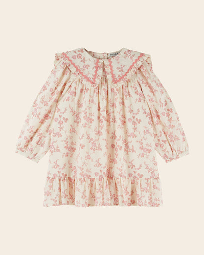 Dress - Ecru & Pink Floral Big Collar