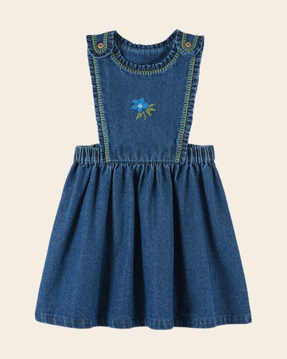 Pinafore Dress - Embroidered Blue Denim