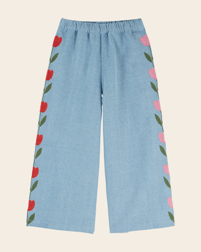 Trousers - Embroidered Tulip Faded Denim