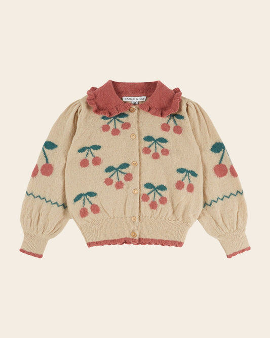 Cardigan - Beige Cherry Intarsia