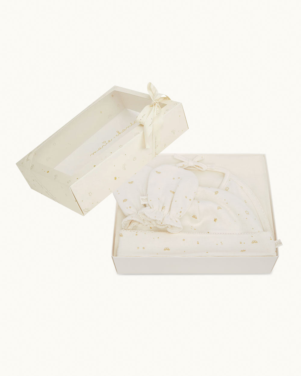 Bay Star & Crown Hat, Mittens & Bib Set - Natural