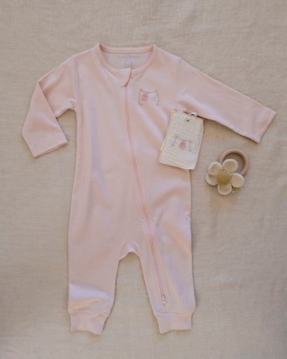 Pima Embroidered Footless Sleeper in Pink Clothesline
