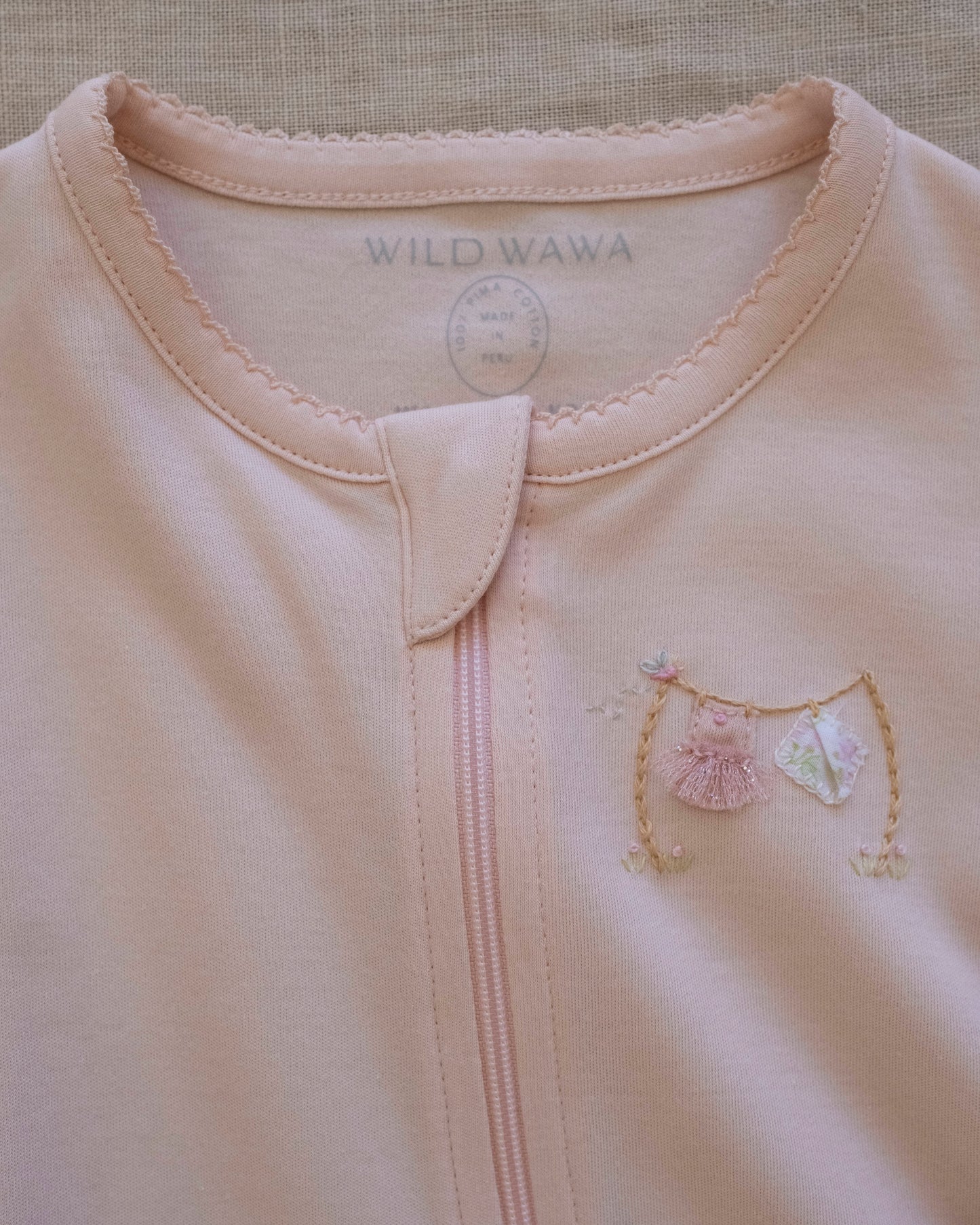 Pima Embroidered Footless Sleeper in Pink Clothesline