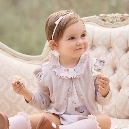 Taupe Flutter Sleeve Hand-Embroidered Baby Cardigan