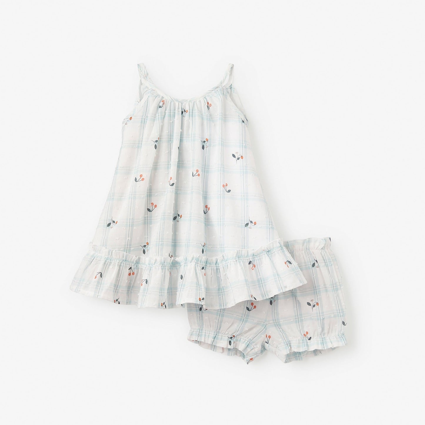 Strawberry Picnic Swiss Dot Dress & Bloomers - AQUA