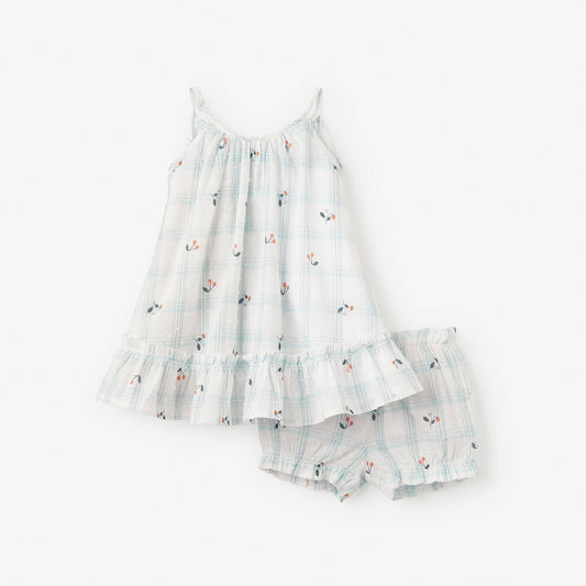 Strawberry Picnic Swiss Dot Dress & Bloomers - AQUA