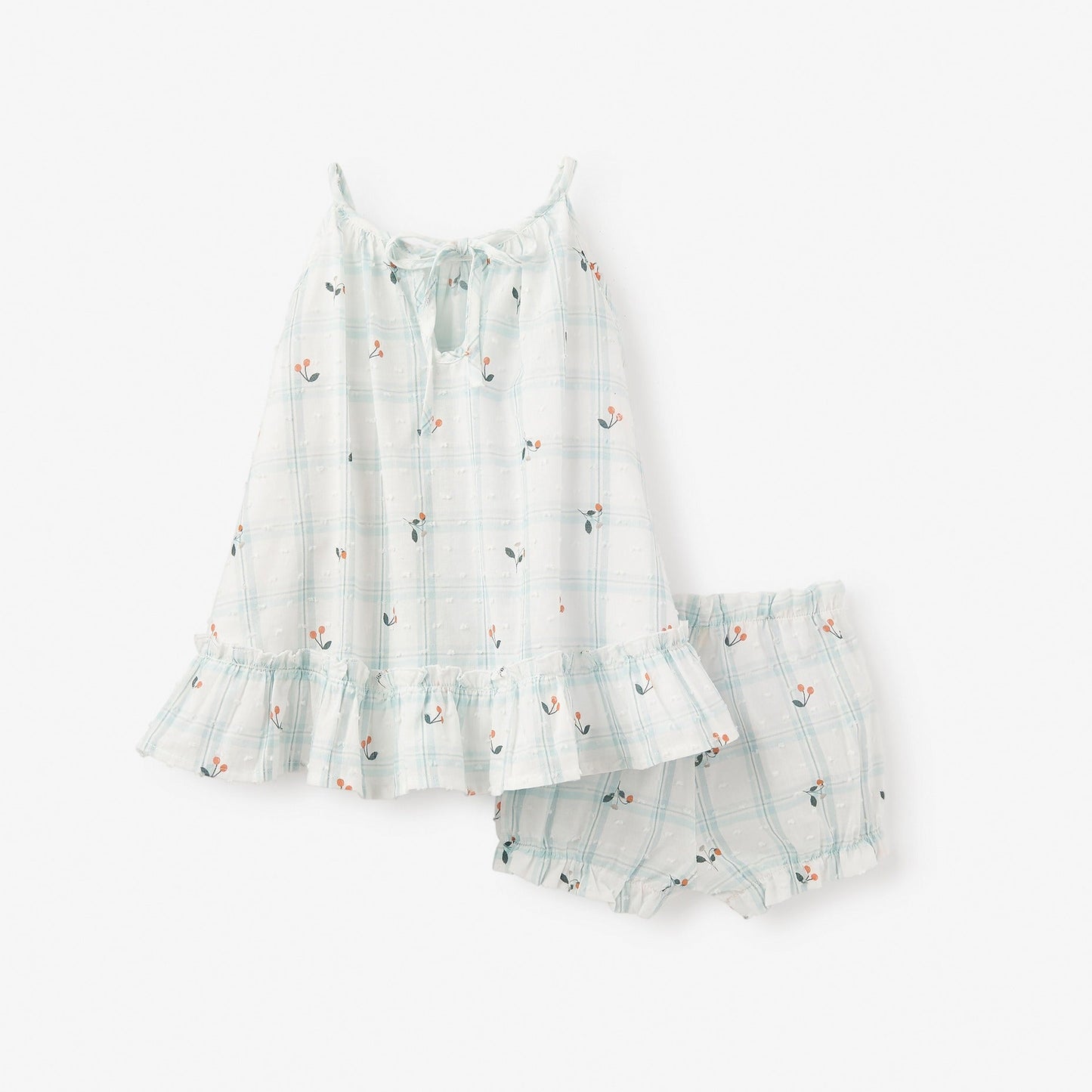 Strawberry Picnic Swiss Dot Dress & Bloomers - AQUA