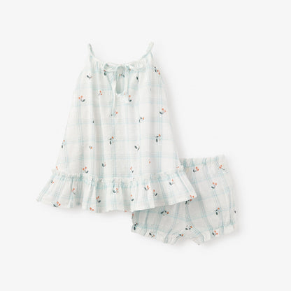 Strawberry Picnic Swiss Dot Dress & Bloomers - AQUA