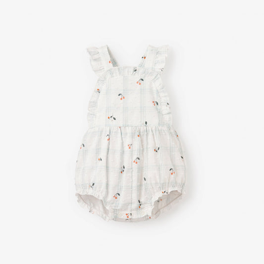Strawberry Picnic Swiss Dot Bibbed Bubble - AQUA