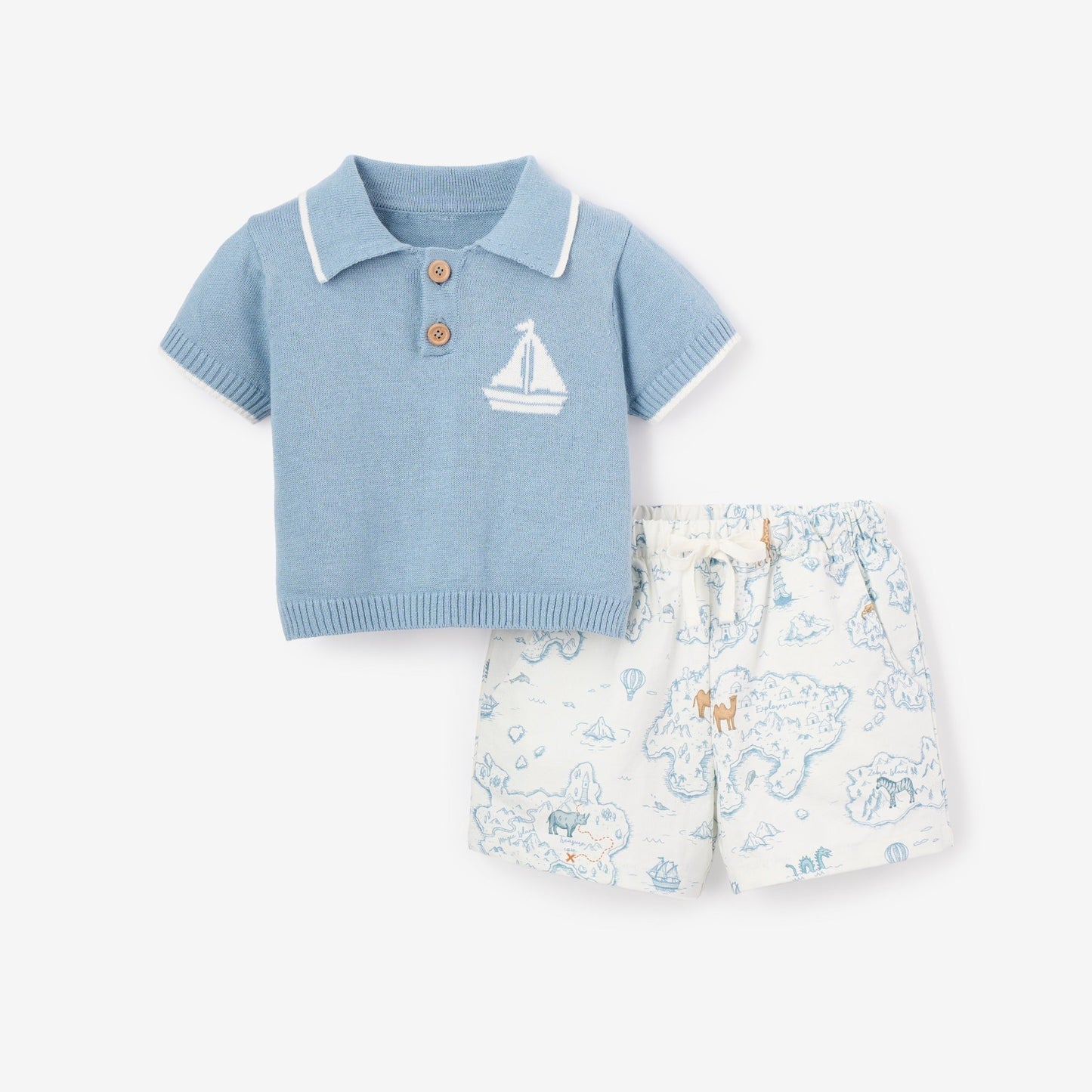Nautical Knit Polo w/ Map Print Shorts - BLUE