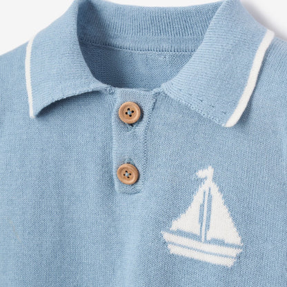 Nautical Knit Polo w/ Map Print Shorts - BLUE