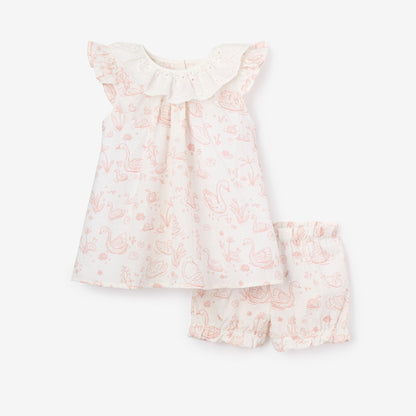 Swan Toile Dress w/ Eyelet Neck - PINK