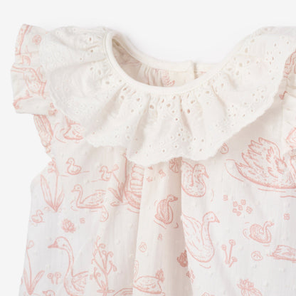 Swan Toile Dress w/ Eyelet Neck - PINK