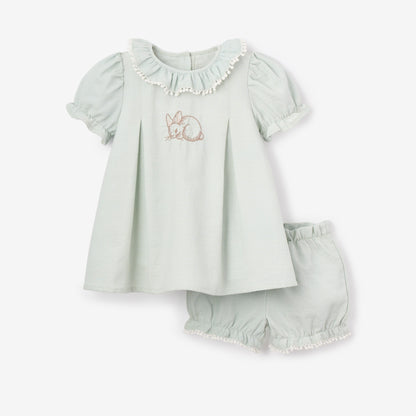 Pale Blue Embroidered Bunny Easter Dress - AQUA