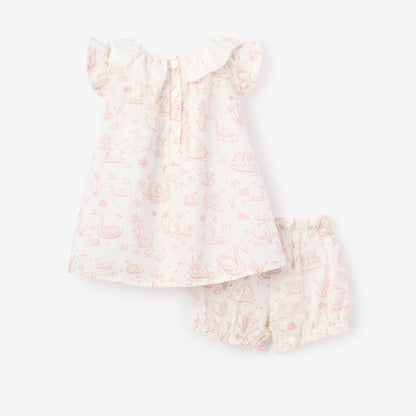 Swan Toile Dress w/ Eyelet Neck - PINK