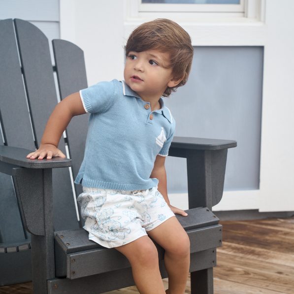 Nautical Knit Polo w/ Map Print Shorts - BLUE