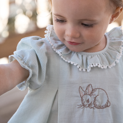 Pale Blue Embroidered Bunny Easter Dress - AQUA